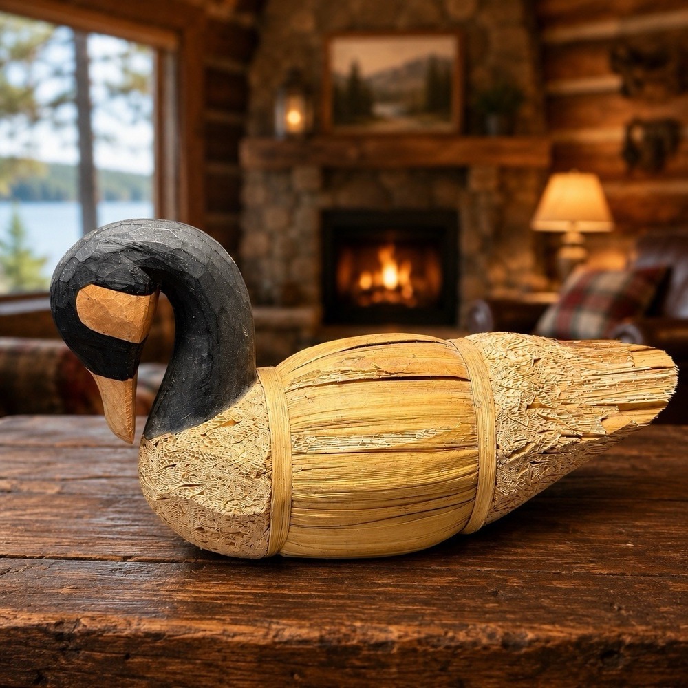 Vintage American Folk Art Goose Decoy Hand-Carved Wooden Head Cork Straw Body